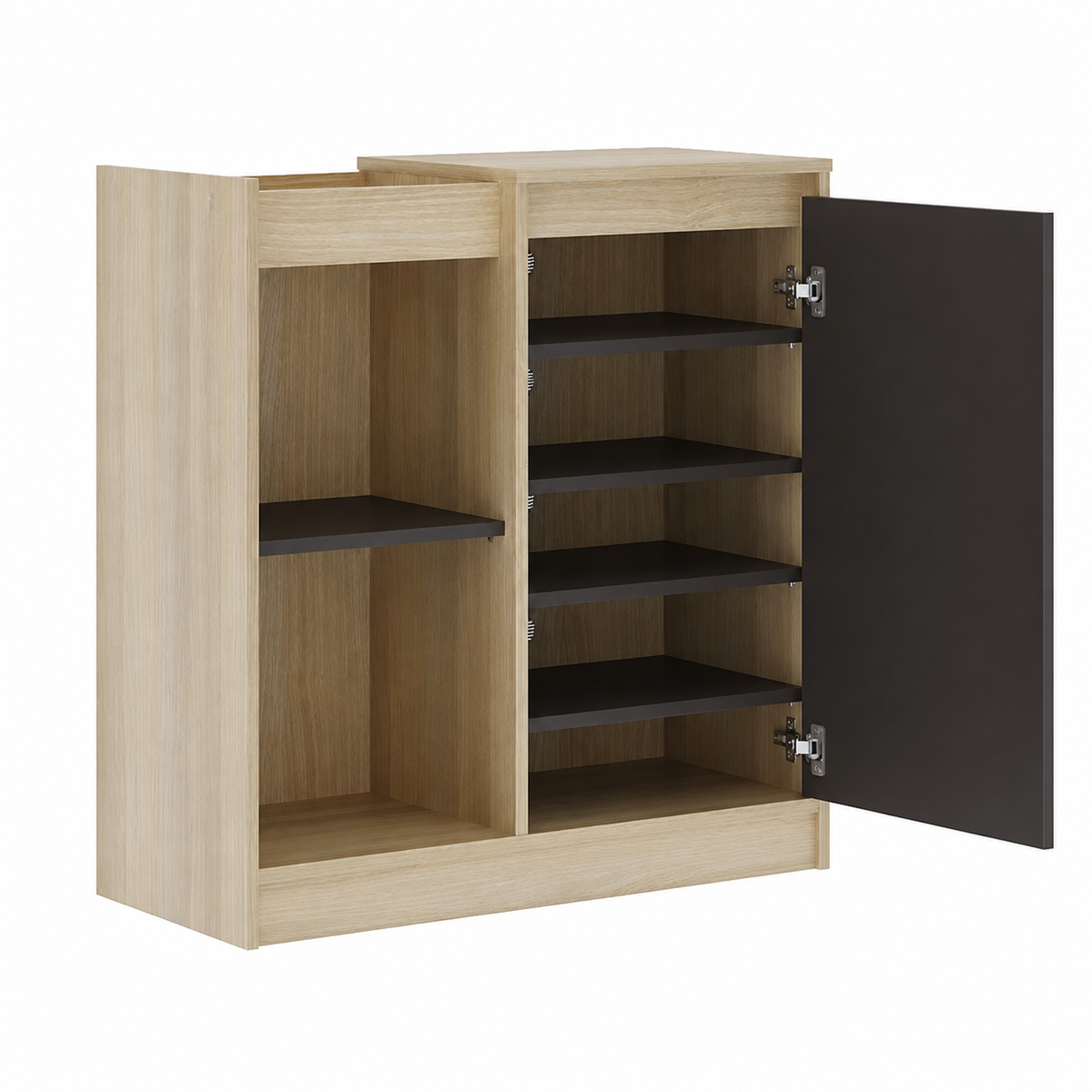Modern Wooden Shoe Storage Cabinet with 1 Door, Open Shelves, Drawer and Multipurpose Entryway Organiser for Home Hallway