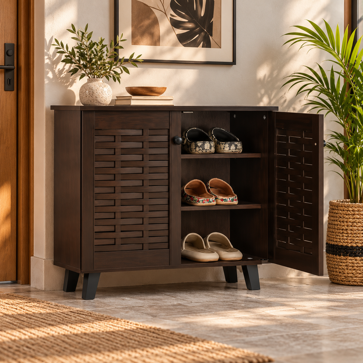 Modern Particle Board Shoe Cabinet with Dual Slatted Doors, Multi-Level Shelves &amp; Raised Legs for Entryway, Foyer and Bedroom