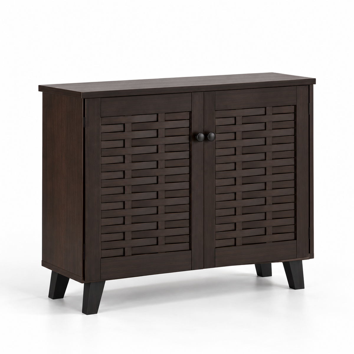 Modern Particle Board Shoe Cabinet with Dual Slatted Doors, Multi-Level Shelves &amp; Raised Legs for Entryway, Foyer and Bedroom