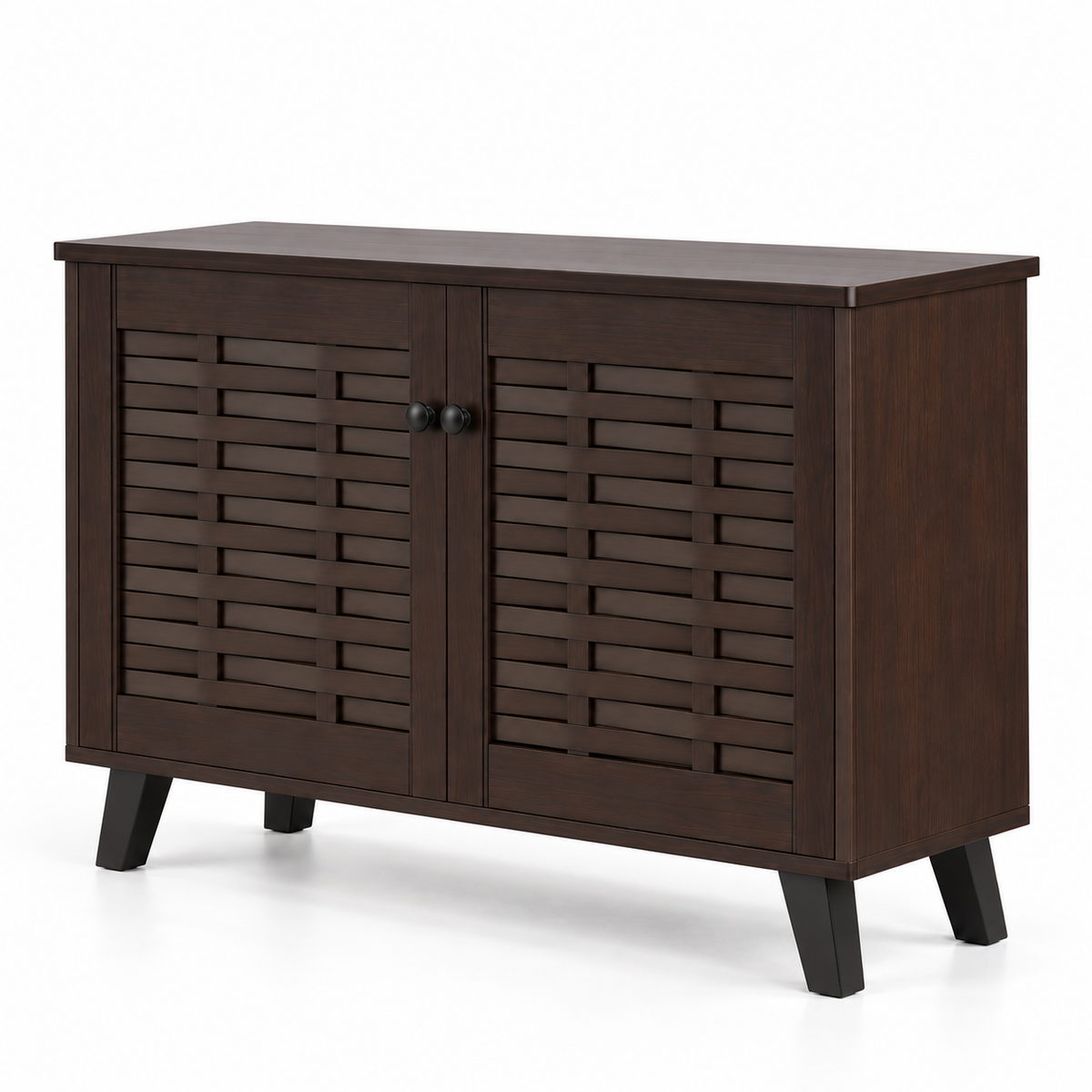 Modern Particle Board Shoe Cabinet with Dual Slatted Doors, Multi-Level Shelves &amp; Raised Legs for Entryway, Foyer and Bedroom