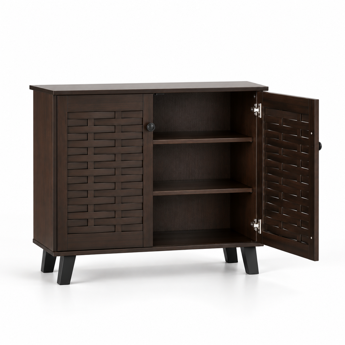 Modern Particle Board Shoe Cabinet with Dual Slatted Doors, Multi-Level Shelves &amp; Raised Legs for Entryway, Foyer and Bedroom