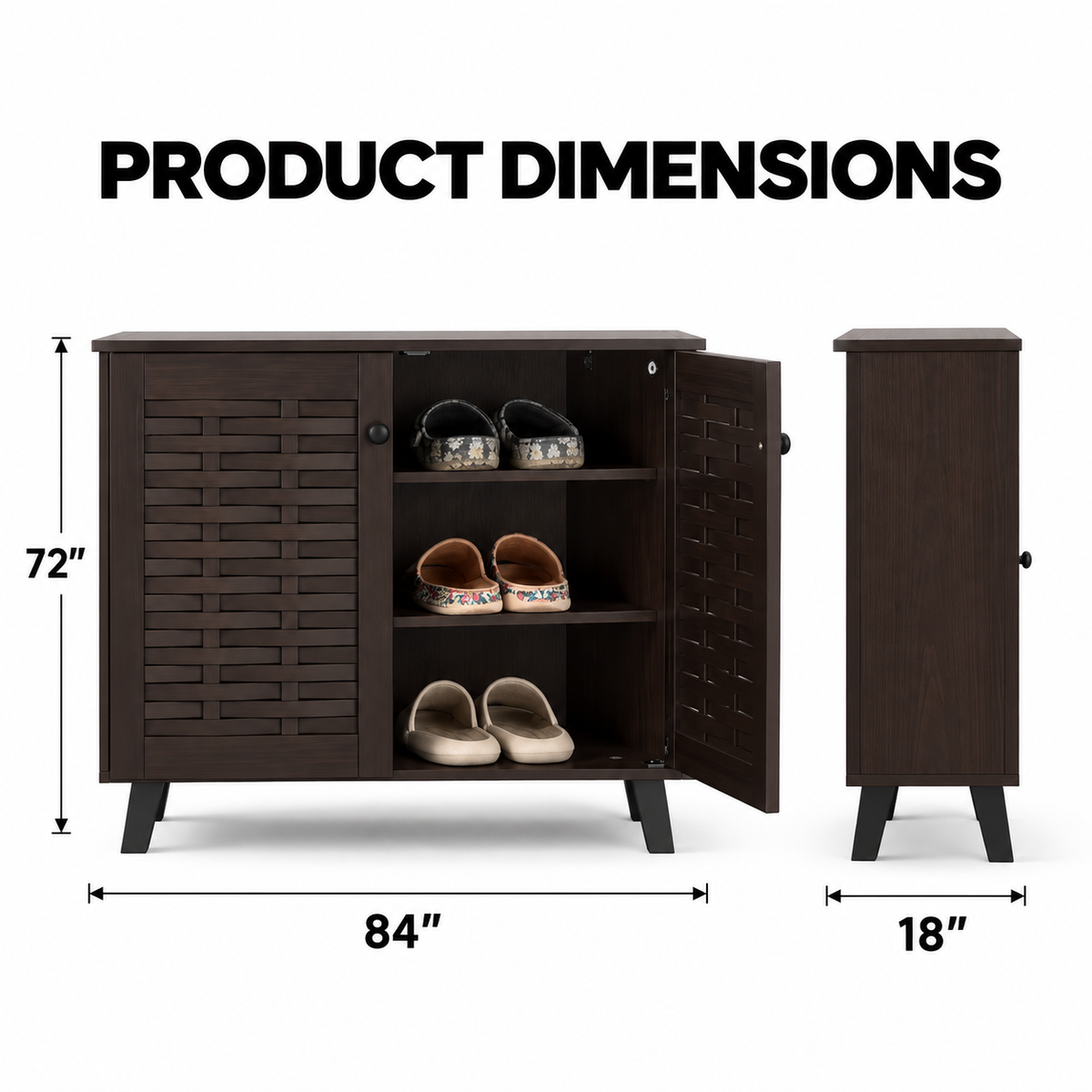 Modern Particle Board Shoe Cabinet with Dual Slatted Doors, Multi-Level Shelves &amp; Raised Legs for Entryway, Foyer and Bedroom