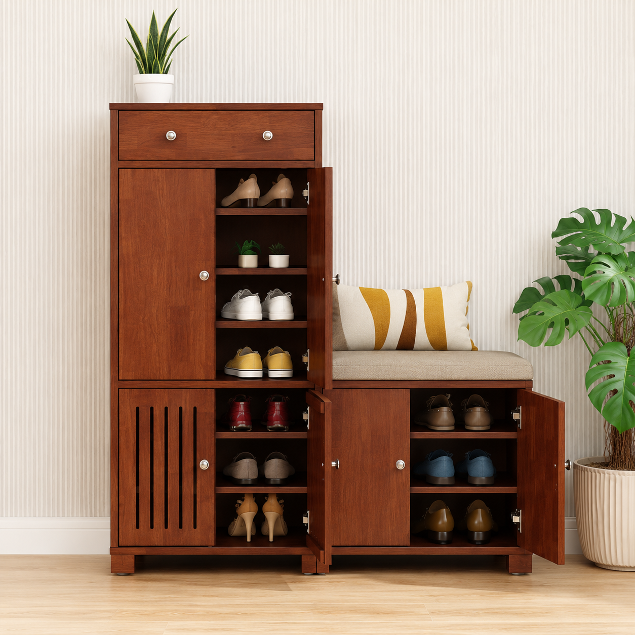L-Shape Wooden Shoe Storage Cabinet with Cushioned Bench Seat, Tall Entryway Organizer, Closed Shelves for Hallway & Foyer