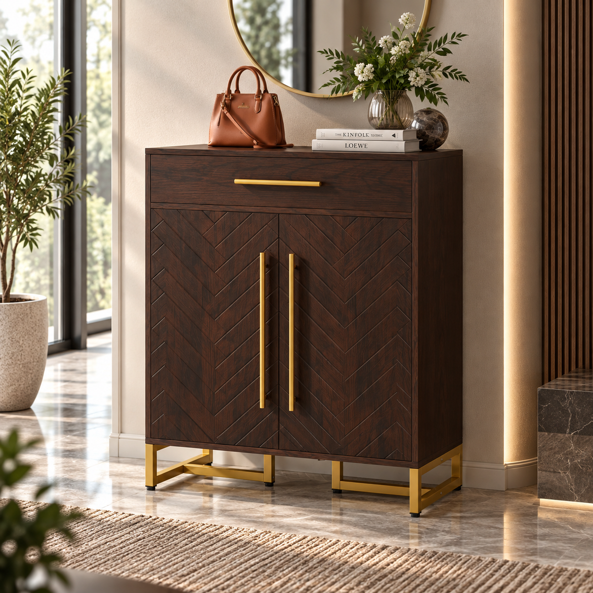 Modern Accent Storage Cabinet with Chevron Pattern Doors, Top Drawer, Gold Handles and Raised Base for Entryway and Living Room