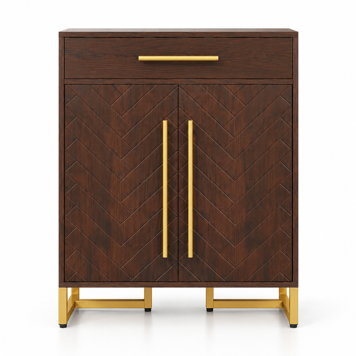 Modern Accent Storage Cabinet with Chevron Pattern Doors, Top Drawer, Gold Handles and Raised Base for Entryway and Living Room