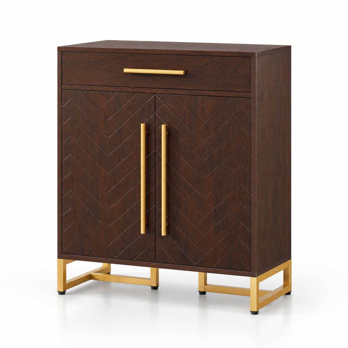 Modern Accent Storage Cabinet with Chevron Pattern Doors, Top Drawer, Gold Handles and Raised Base for Entryway and Living Room