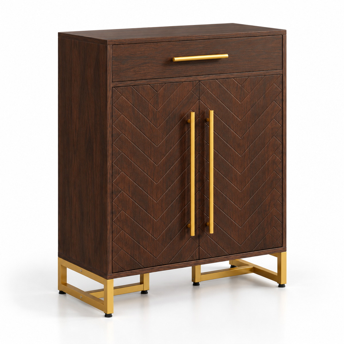 Modern Accent Storage Cabinet with Chevron Pattern Doors, Top Drawer, Gold Handles and Raised Base for Entryway and Living Room
