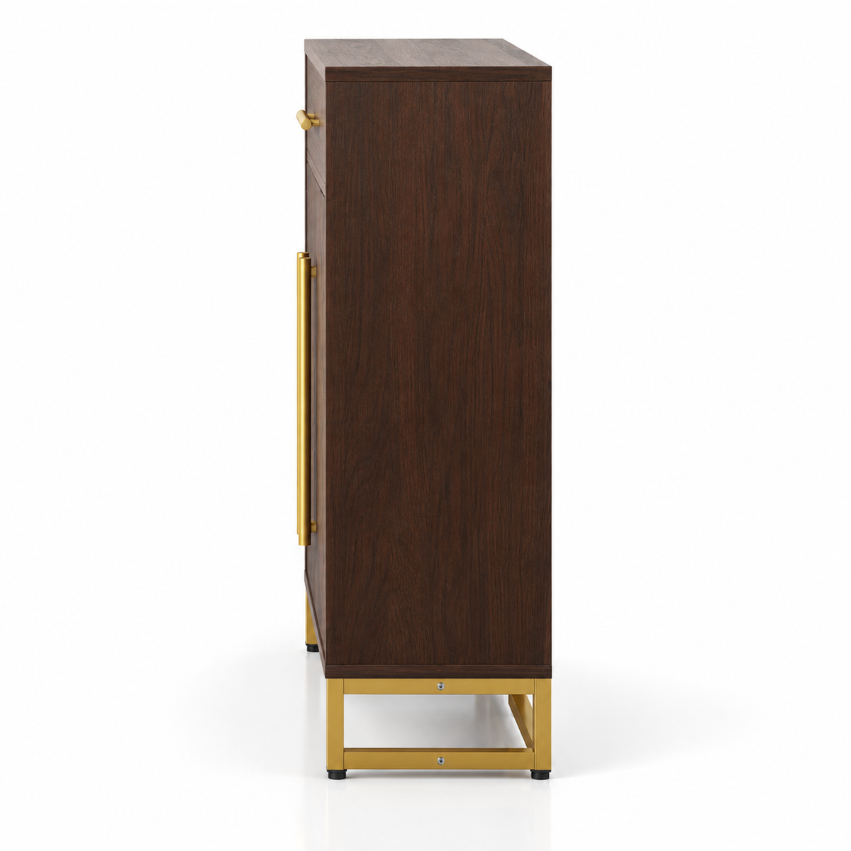 Modern Accent Storage Cabinet with Chevron Pattern Doors, Top Drawer, Gold Handles and Raised Base for Entryway and Living Room