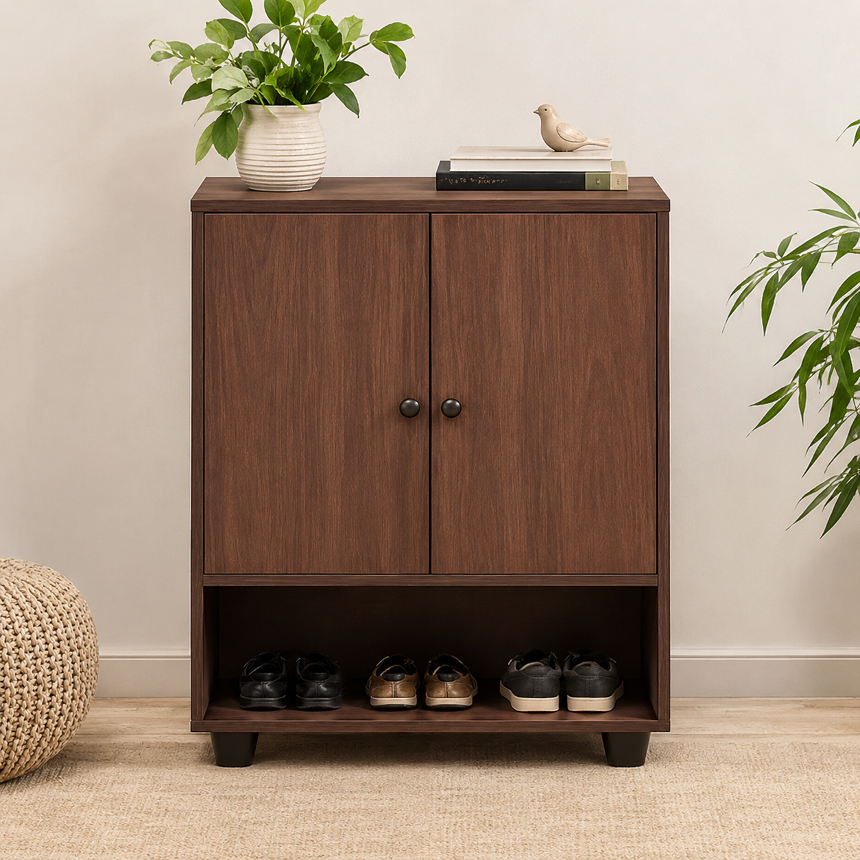 Lakdi Modern Shoe Storage Cabinet for Entryway with 2 Door Closed Shelves, Open Bottom Shoe Rack, Walnut Finish for Home Hallway & Foyer