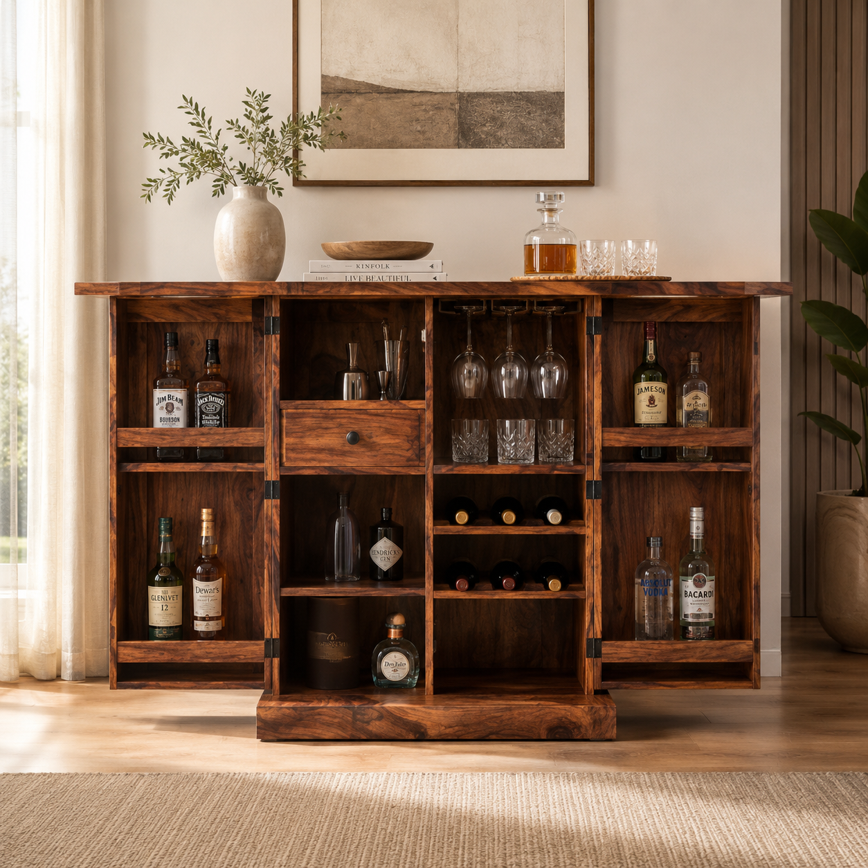 Premium Solid Wood Bar Cabinet with Storage Shelves & Drawer Rustic Sheesham Wooden Cabinet for Home & Dining Spaces