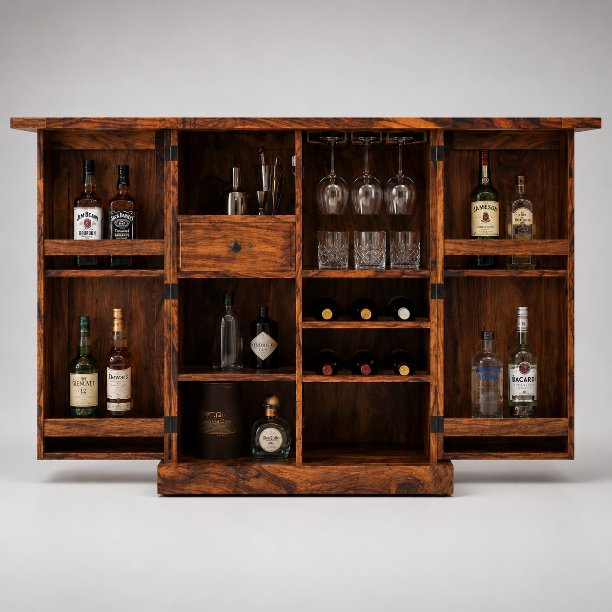 Premium Solid Wood Bar Cabinet with Storage Shelves & Drawer Rustic Sheesham Wooden Cabinet for Home & Dining Spaces
