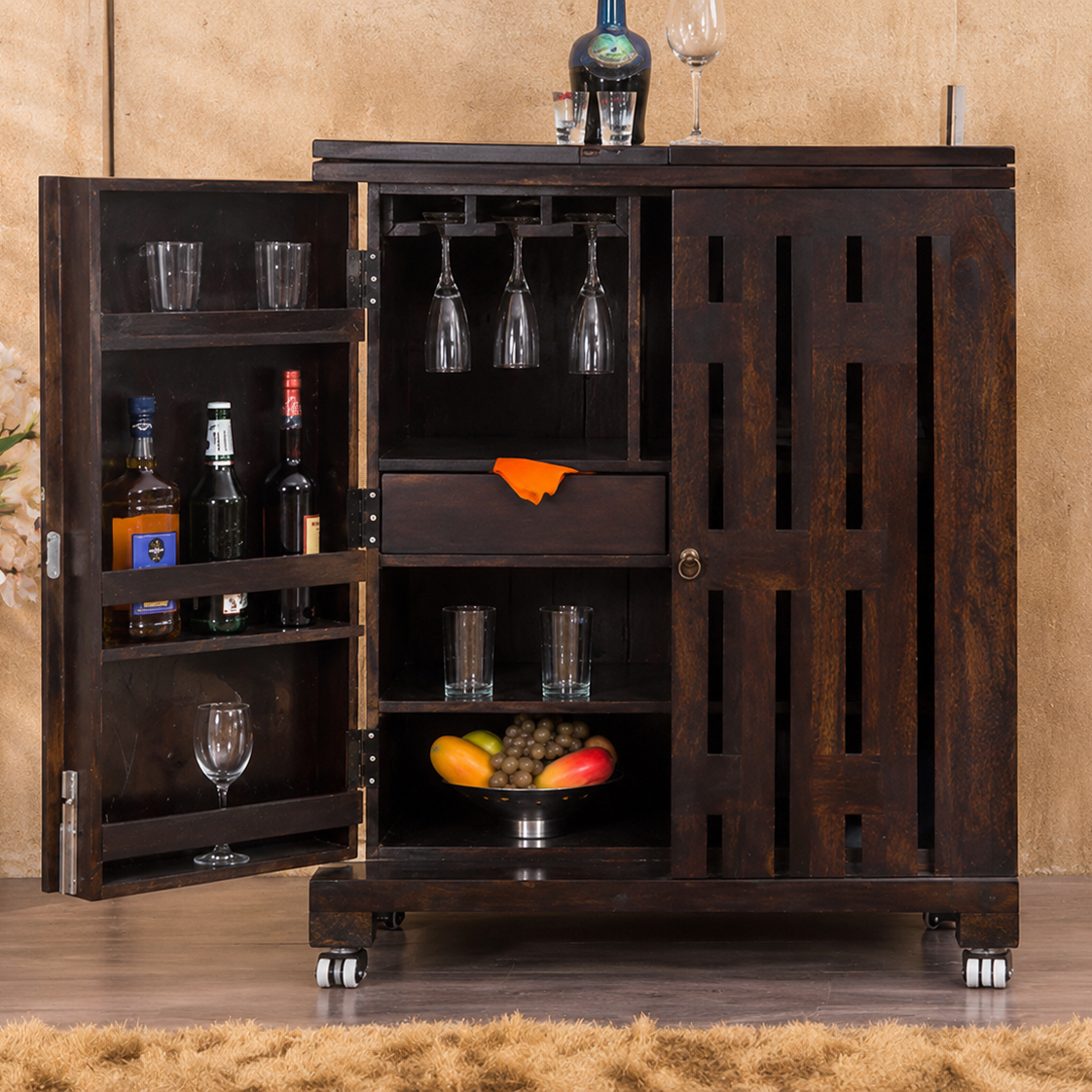 Wooden Bar Cabinet for Home with Wine Glass Holder, Bottle Storage, Sliding Door, Mobile Serving Cart for Living Room & Dining Area
