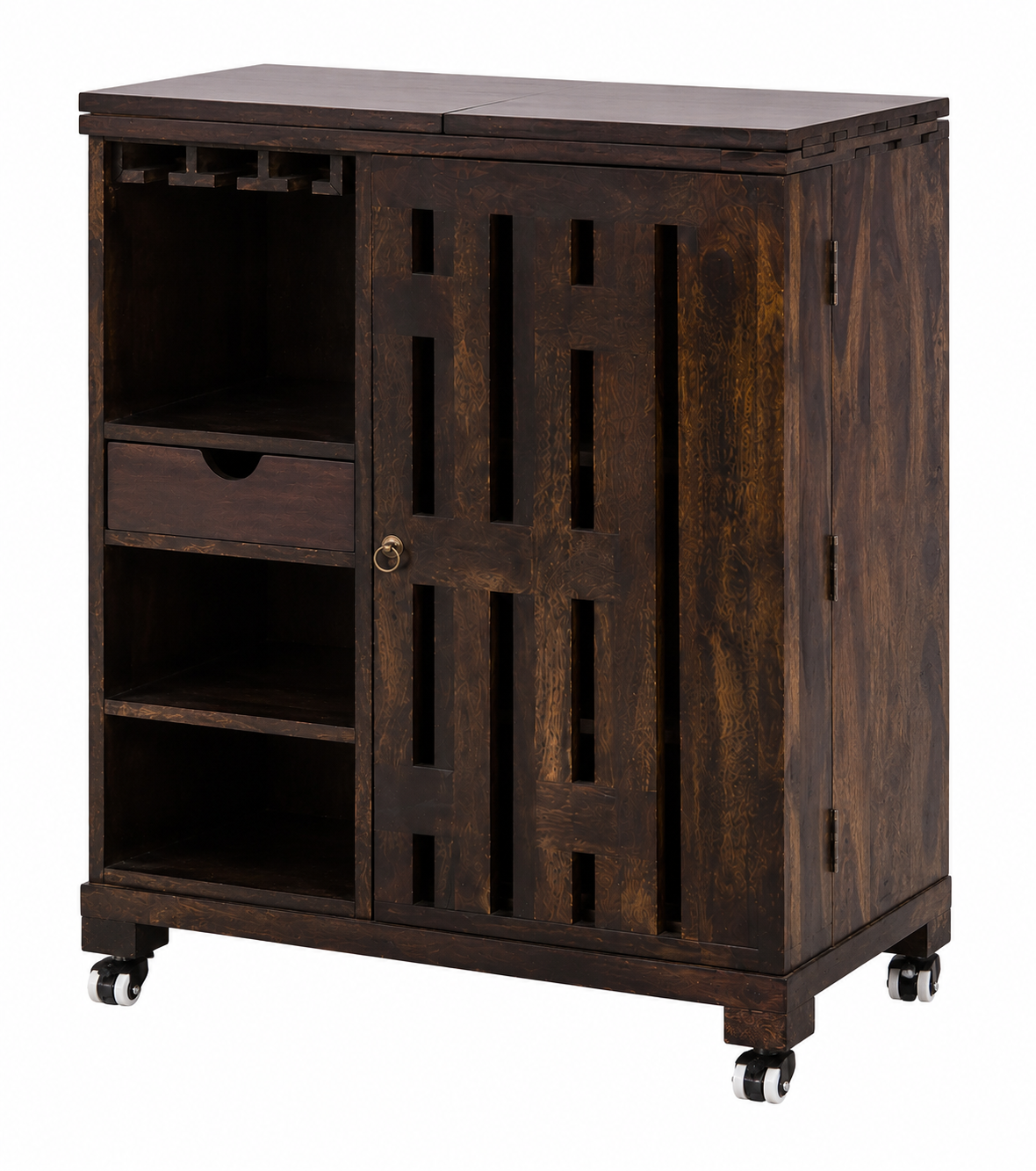 Wooden Bar Cabinet for Home with Wine Glass Holder, Bottle Storage, Sliding Door, Mobile Serving Cart for Living Room & Dining Area