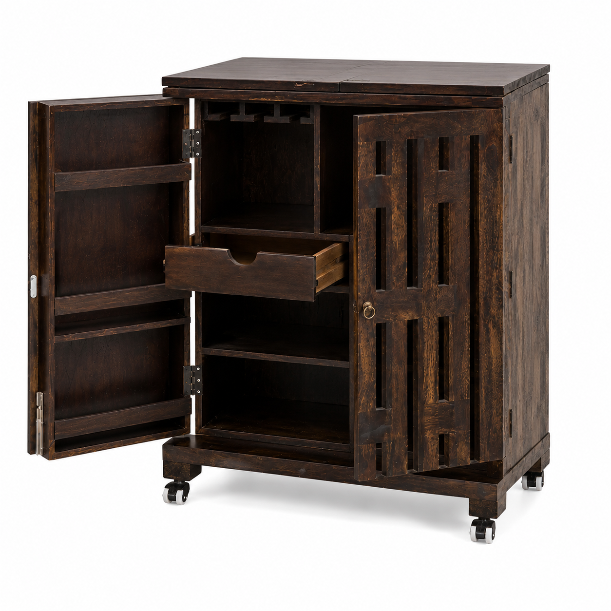 Wooden Bar Cabinet for Home with Wine Glass Holder, Bottle Storage, Sliding Door, Mobile Serving Cart for Living Room & Dining Area