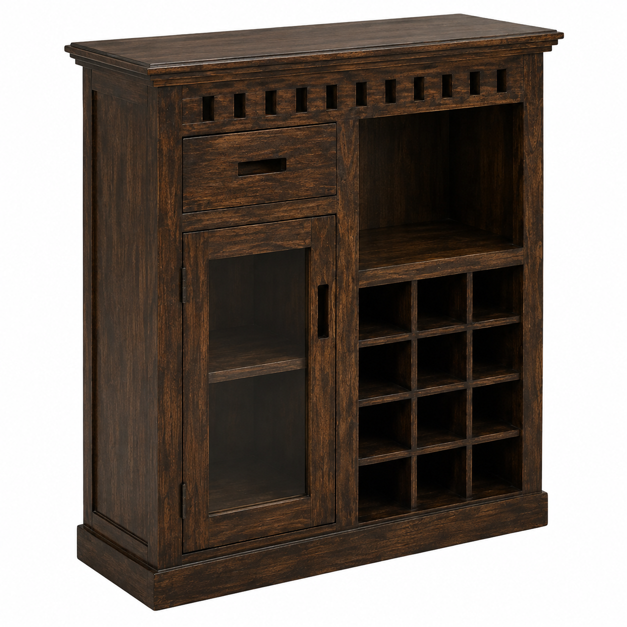 Rustic Wooden Bar Cabinet with Glass Display Door, Wine Bottle Storage, Open Shelves & Compact Home Liquor Organizer
