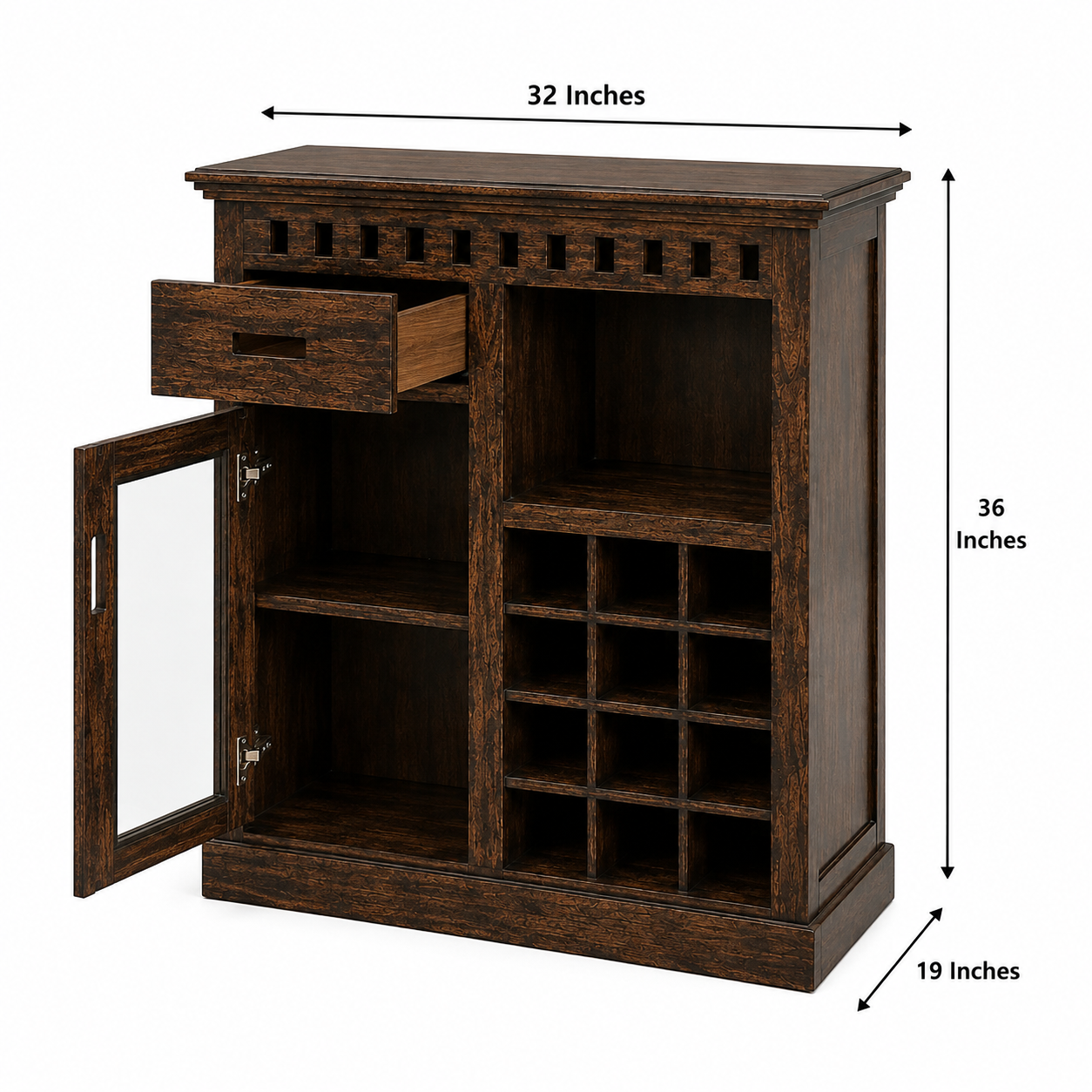 Rustic Wooden Bar Cabinet with Glass Display Door, Wine Bottle Storage, Open Shelves & Compact Home Liquor Organizer