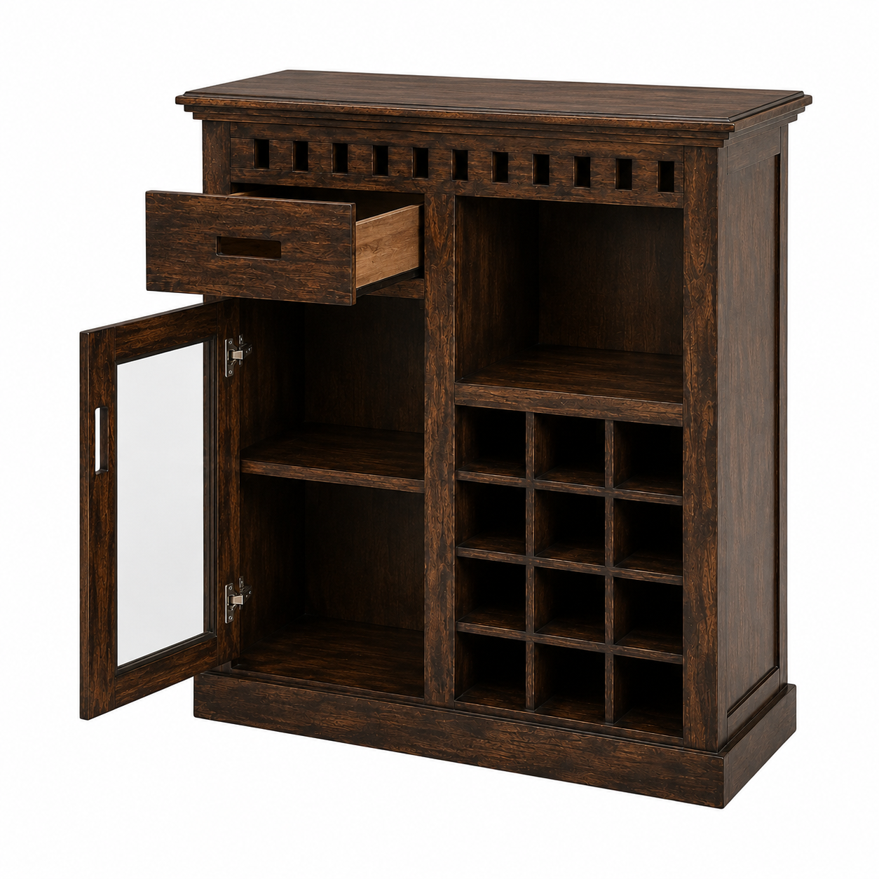 Rustic Wooden Bar Cabinet with Glass Display Door, Wine Bottle Storage, Open Shelves & Compact Home Liquor Organizer