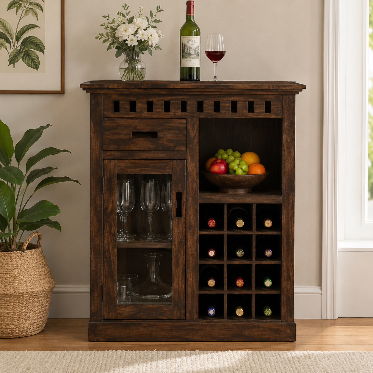 Rustic Wooden Bar Cabinet with Glass Display Door, Wine Bottle Storage, Open Shelves & Compact Home Liquor Organizer