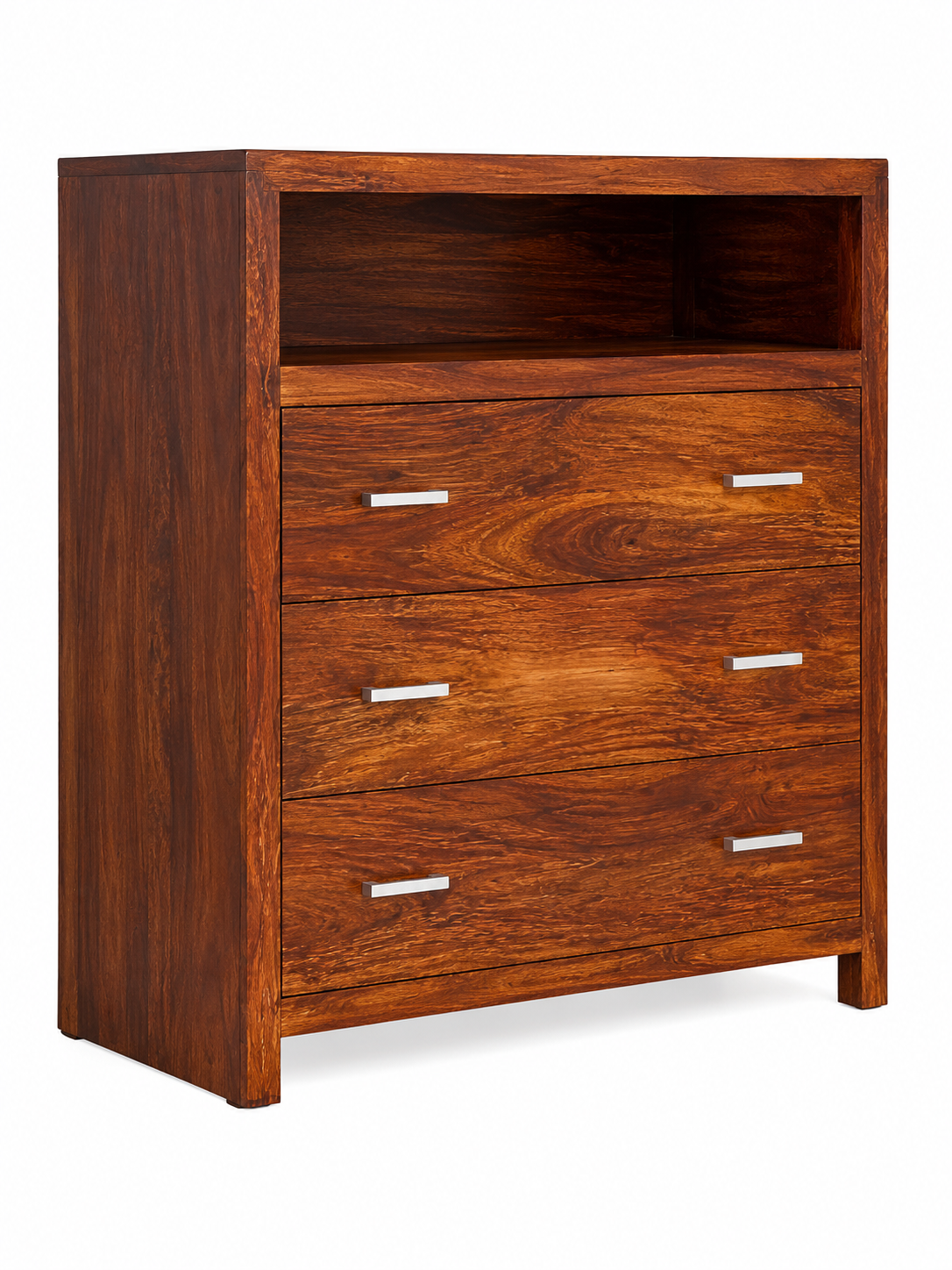 Wooden Chest of Drawers Storage Cabinet for Bedroom & Living Room with Open Display Shelf, Rustic Walnut Finish & Contemporary Design