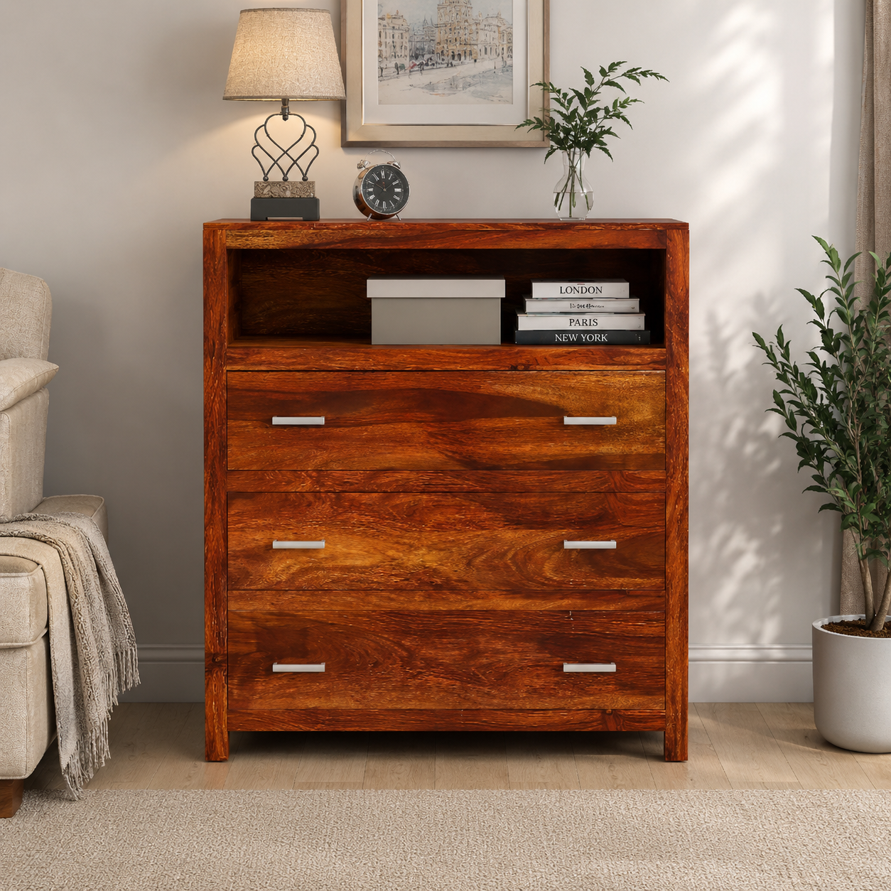 Wooden Chest of Drawers Storage Cabinet for Bedroom & Living Room with Open Display Shelf, Rustic Walnut Finish & Contemporary Design
