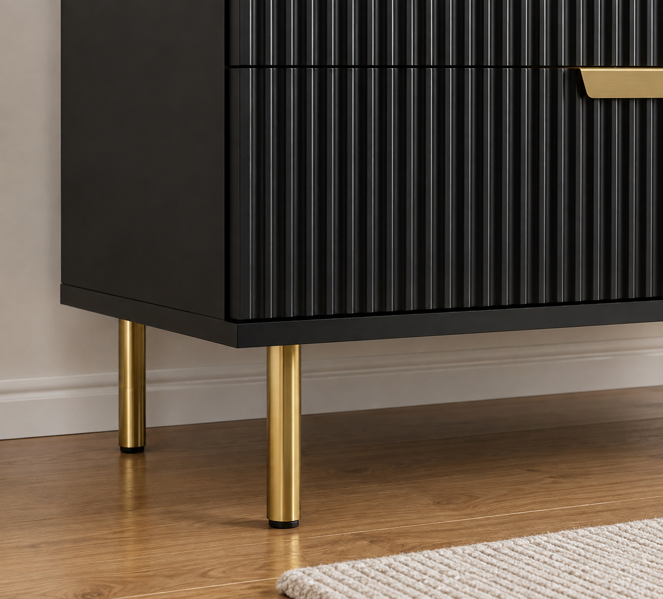 Fluted Chest of Drawers for Bedroom & Living Room with Vertical Groove Design, Gold Accent Handles & Elegant Storage Organizer