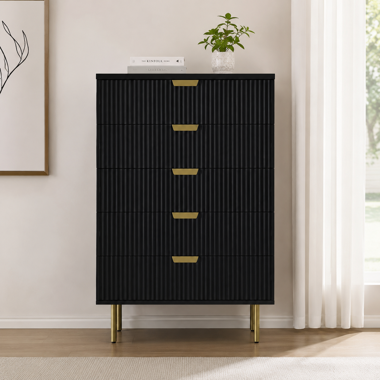 Fluted Chest of Drawers for Bedroom & Living Room with Vertical Groove Design, Gold Accent Handles & Elegant Storage Organizer