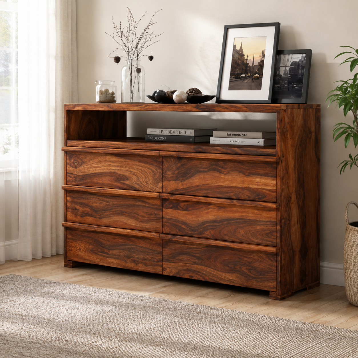 Chest of Drawers Storage Cabinet for Bedroom & Living Room with Open Display Shelf