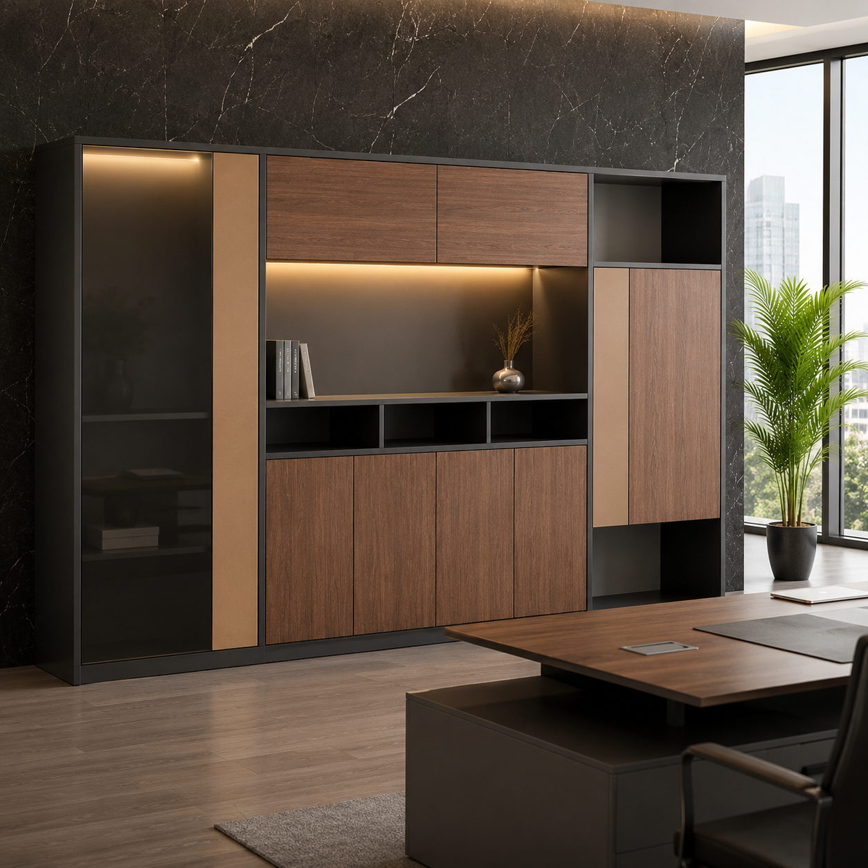 Modern Office Back Unit Cabinet with Shelve & Ample Storage – Elegant Executive Furniture for Stylish Workspaces