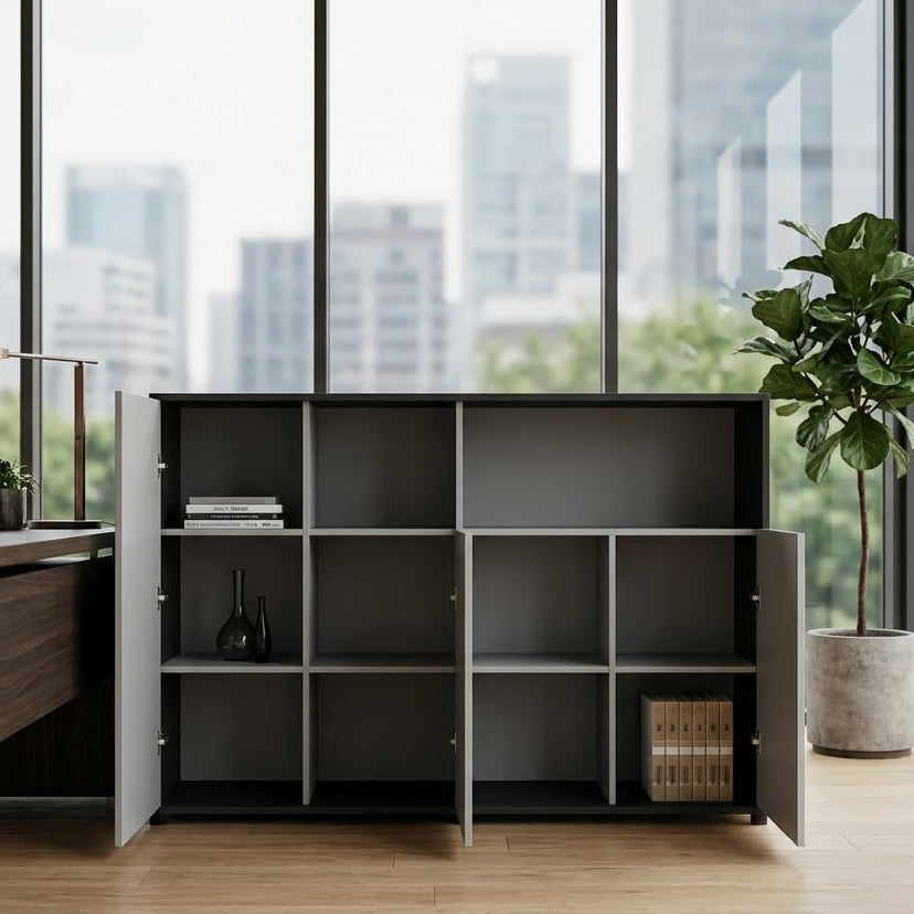 Executive 3-door office back cabinet with 9 enclosed storage compartments. Premium grey finish built for corporate offices and director cabins