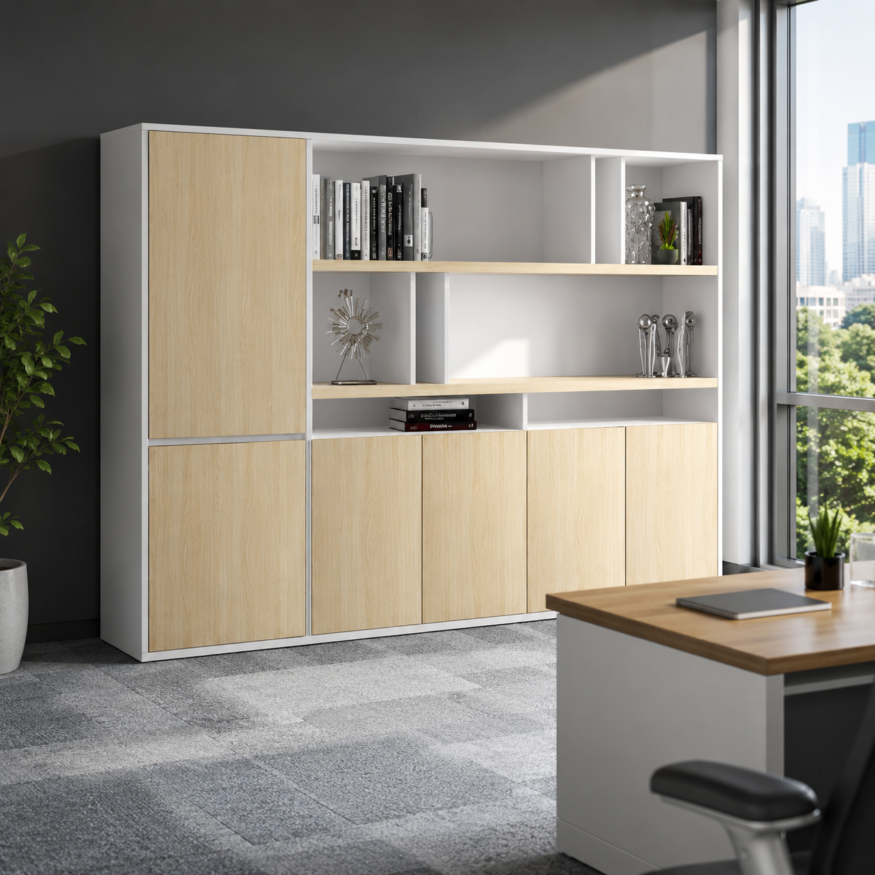 Wooden Office Storage Cabinet with Locking System &amp; Elegant Design for Modern Corporate Interiors