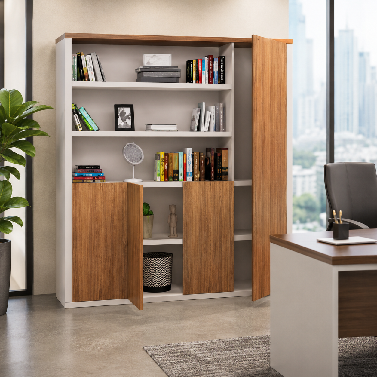 Wooden Office Storage Cabinet with Multiple Storage Sections, Stylish Handles, Premium Wooden Finish for Offices