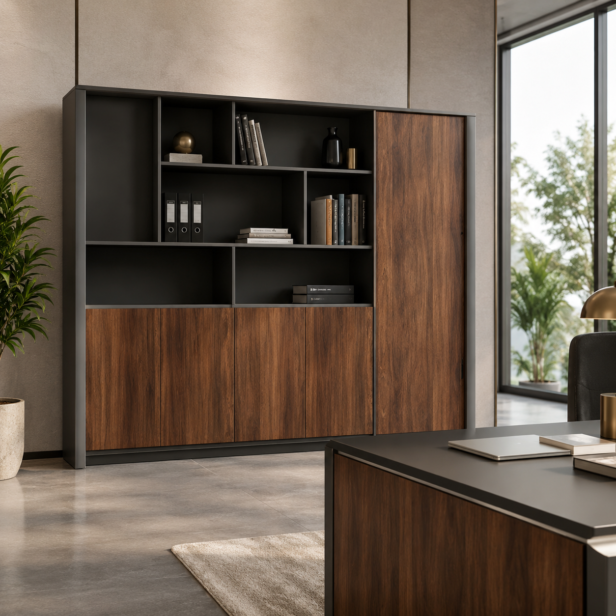 Wooden Office Storage Cabinet with Modern Wooden Design & Security Lock for Corporate Interiors