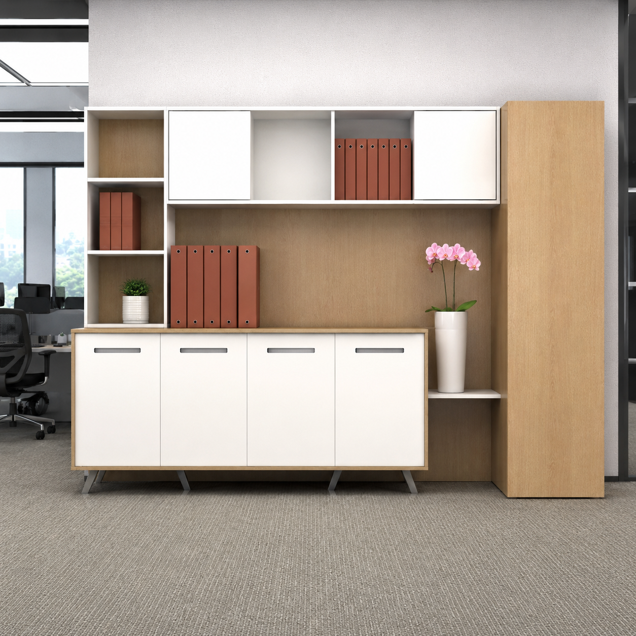 Office Storage Cabinet with Overhead Wall Unit, Tall Utility Wardrobe, Open Display Shelves and Spacious Filing Credenza for Workspace Organization
