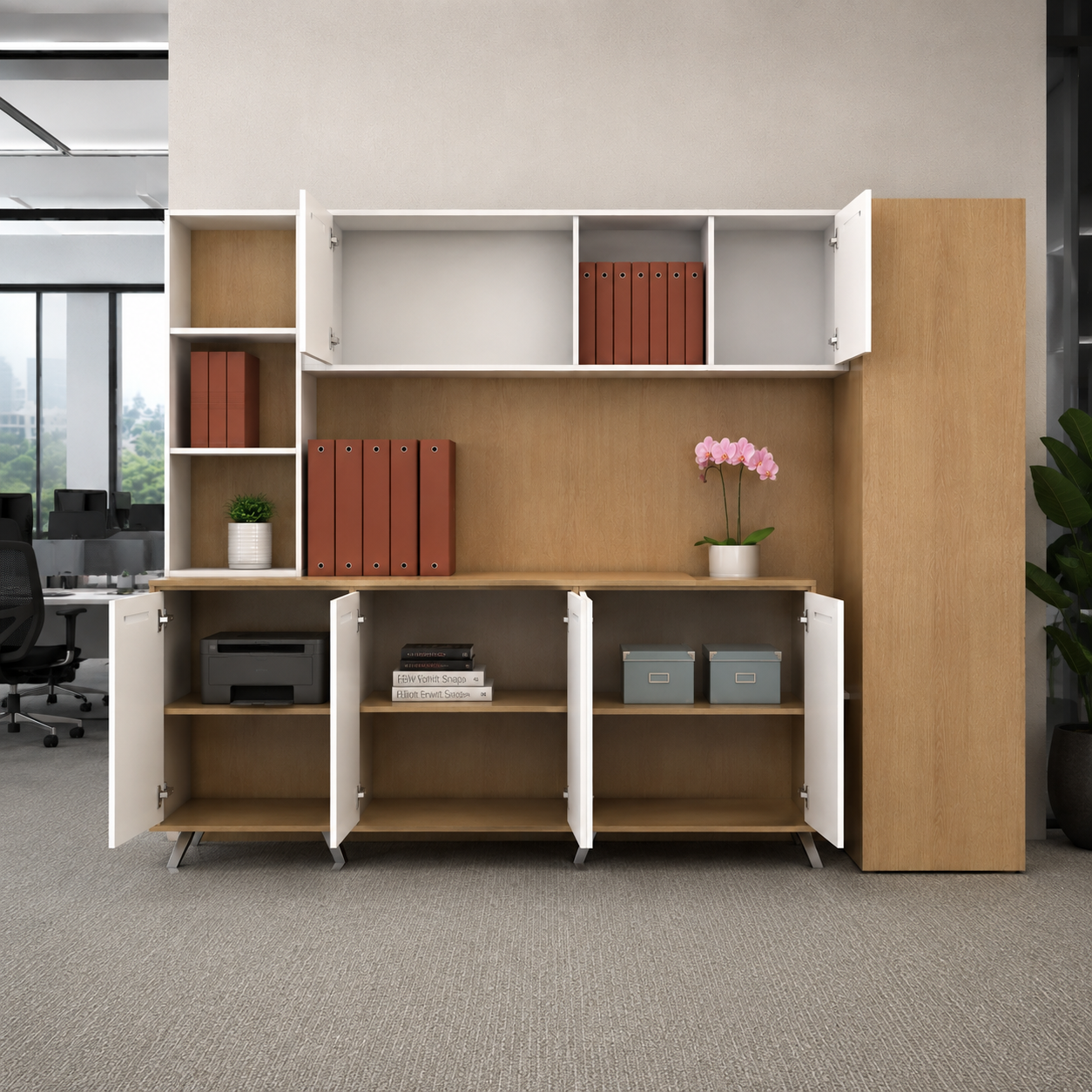 Office Storage Cabinet with Overhead Wall Unit, Tall Utility Wardrobe, Open Display Shelves and Spacious Filing Credenza for Workspace Organization
