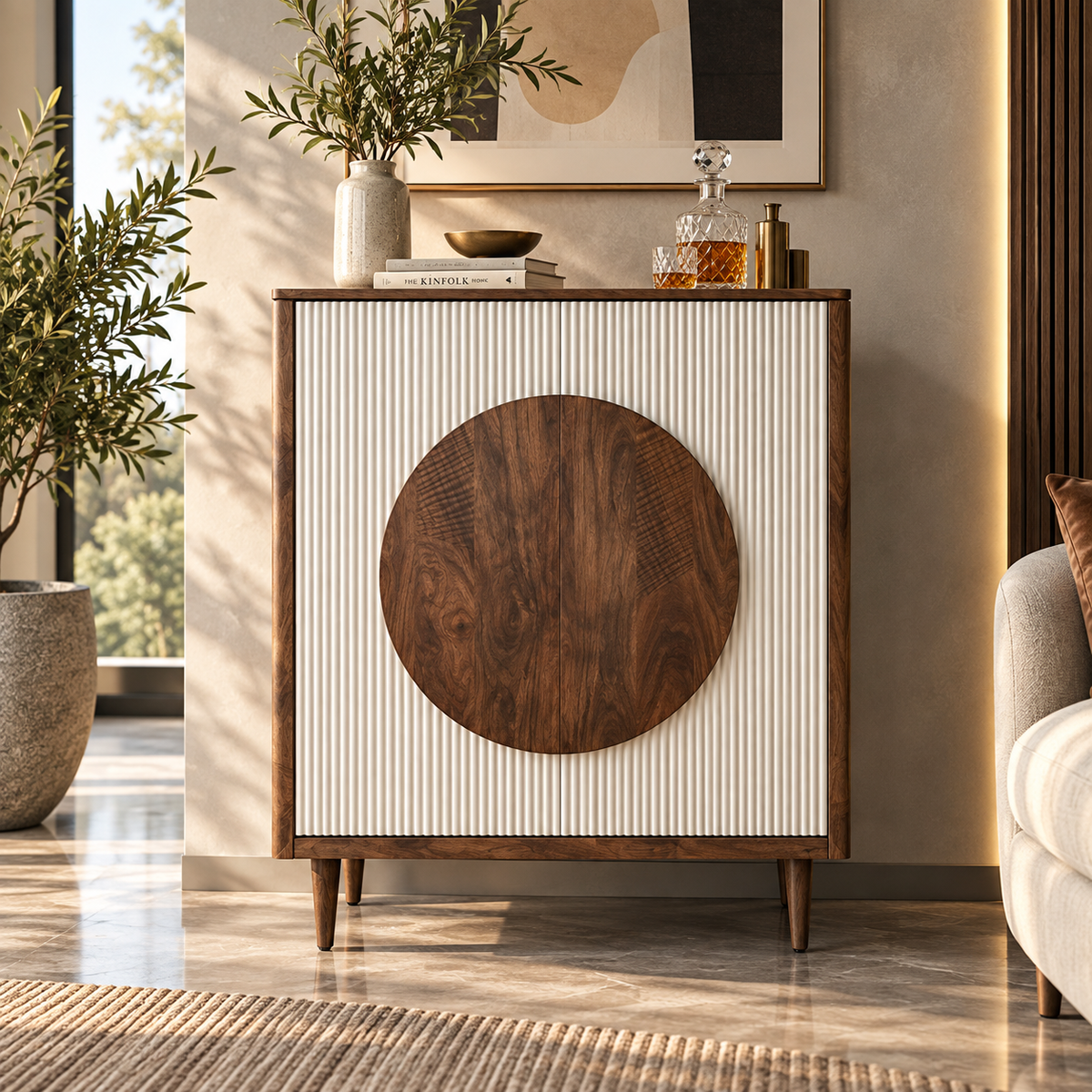 Modern Accent Storage Cabinet with Circular Wood Detail, Fluted Front and Raised Legs for Living Room, Dining Area and Entryway