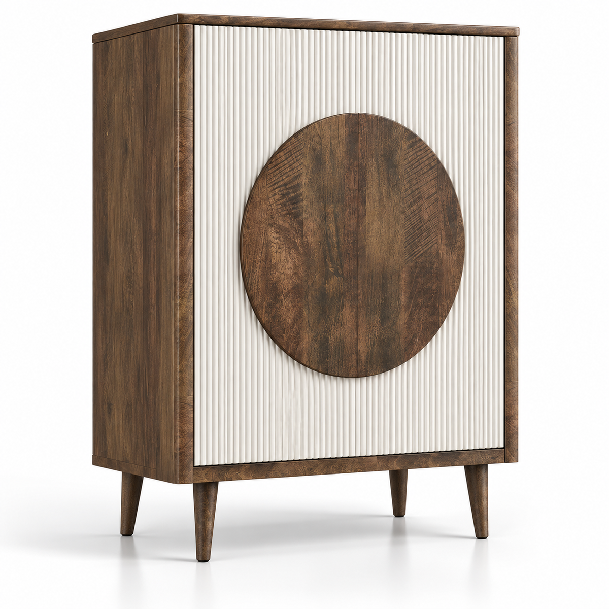 Modern Accent Storage Cabinet with Circular Wood Detail, Fluted Front and Raised Legs for Living Room, Dining Area and Entryway