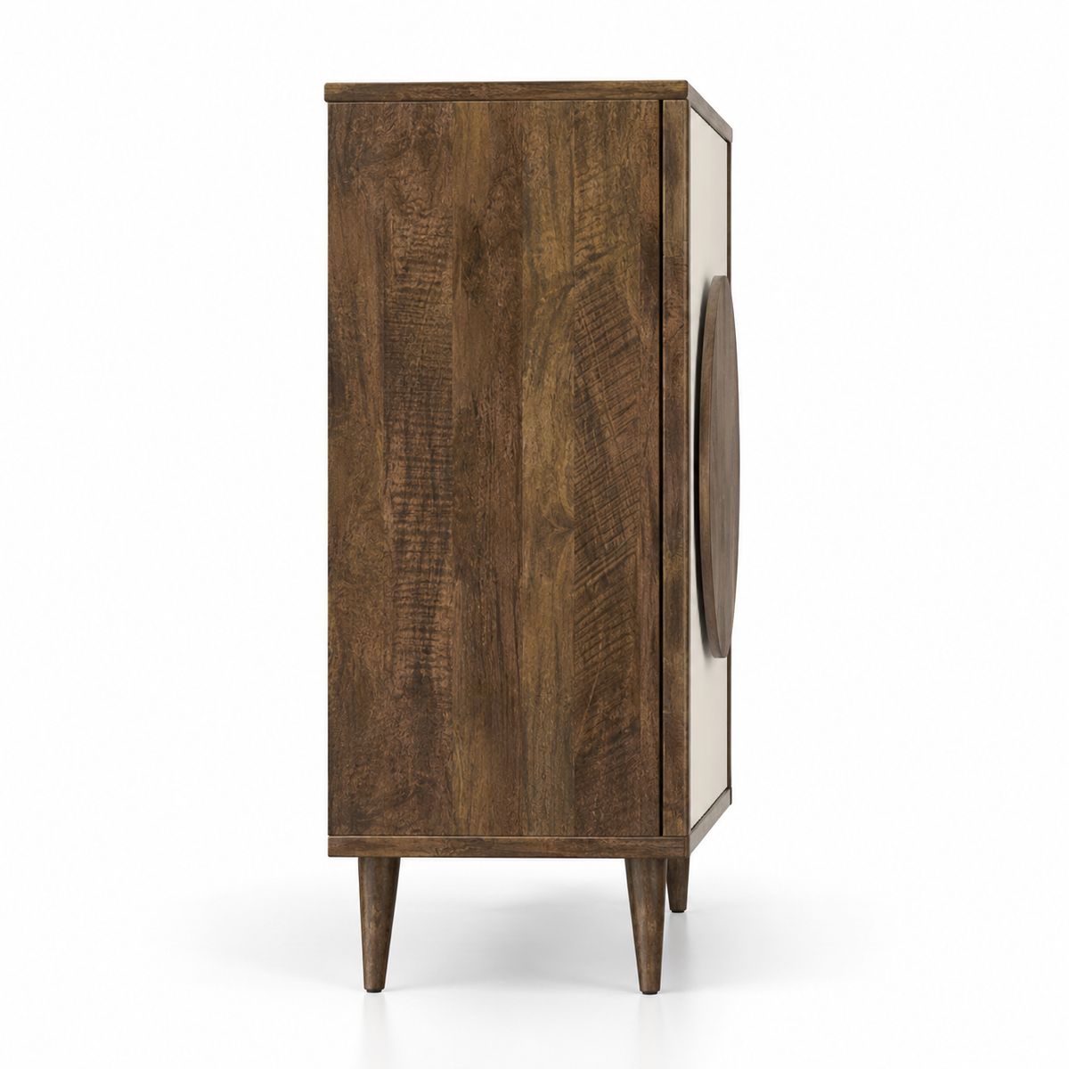 Modern Accent Storage Cabinet with Circular Wood Detail, Fluted Front and Raised Legs for Living Room, Dining Area and Entryway