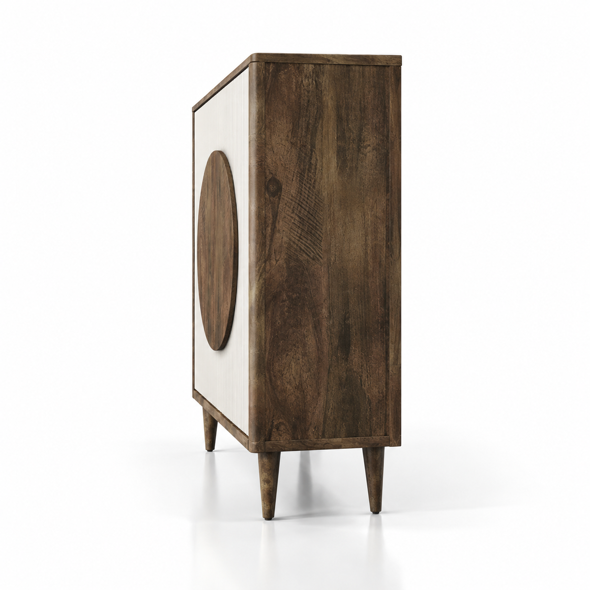 Modern Accent Storage Cabinet with Circular Wood Detail, Fluted Front and Raised Legs for Living Room, Dining Area and Entryway