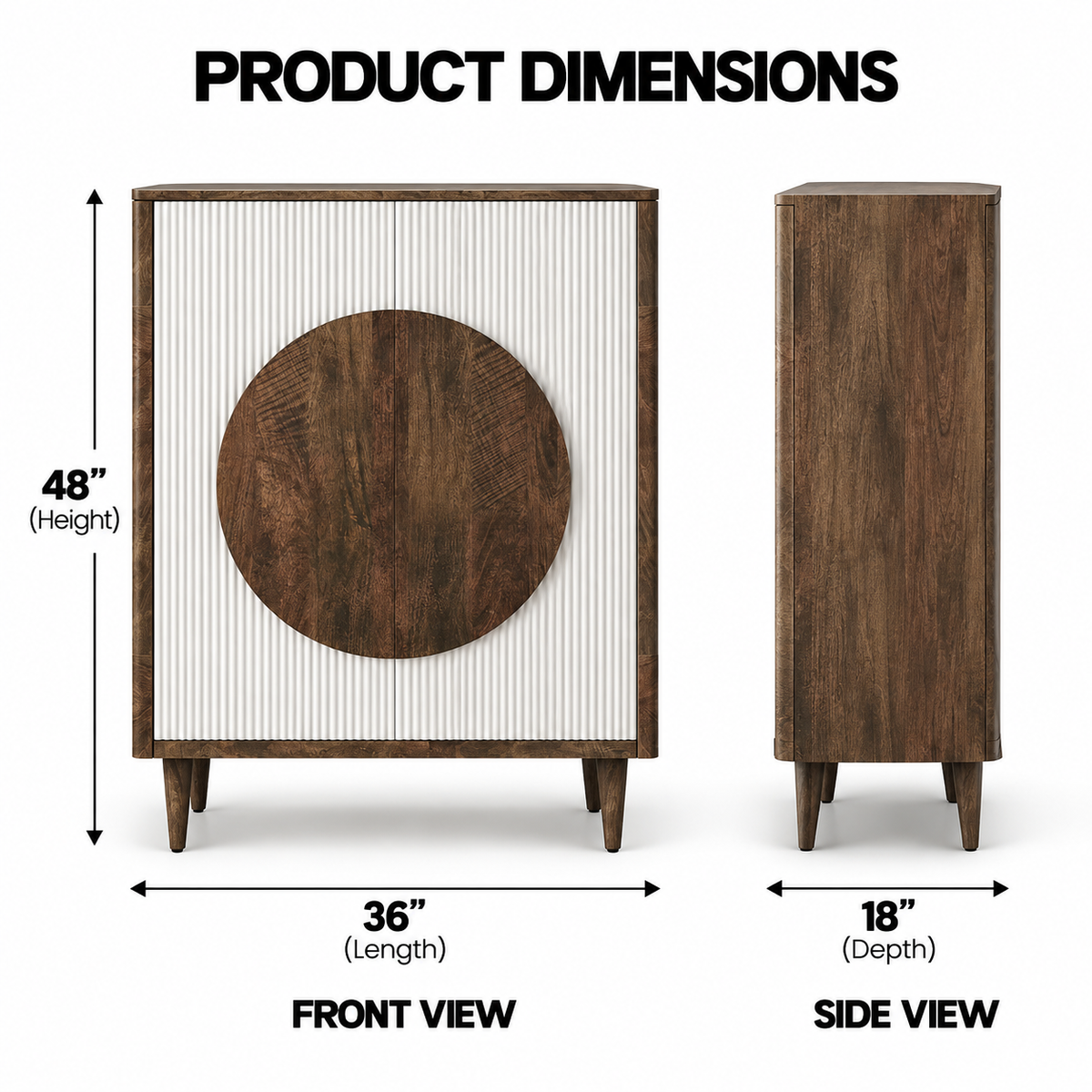 Modern Accent Storage Cabinet with Circular Wood Detail, Fluted Front and Raised Legs for Living Room, Dining Area and Entryway
