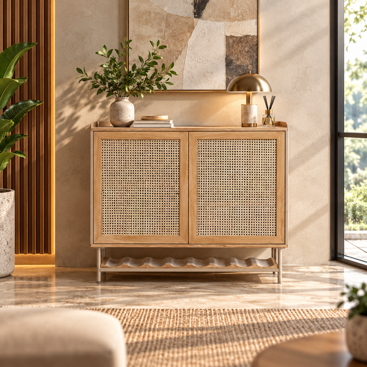 Contemporary Cane Door Storage Cabinet with Open Bottle Rack, Double Door Organizer for Dining Room, Living Room & Home Bar