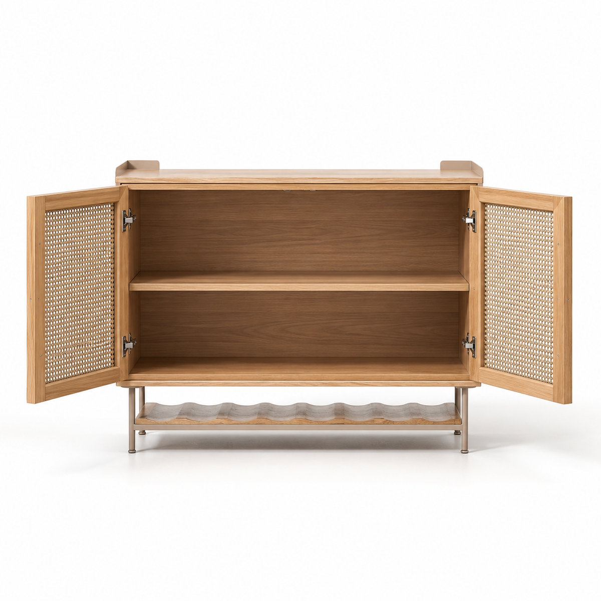 Contemporary Cane Door Storage Cabinet with Open Bottle Rack, Double Door Organizer for Dining Room, Living Room & Home Bar