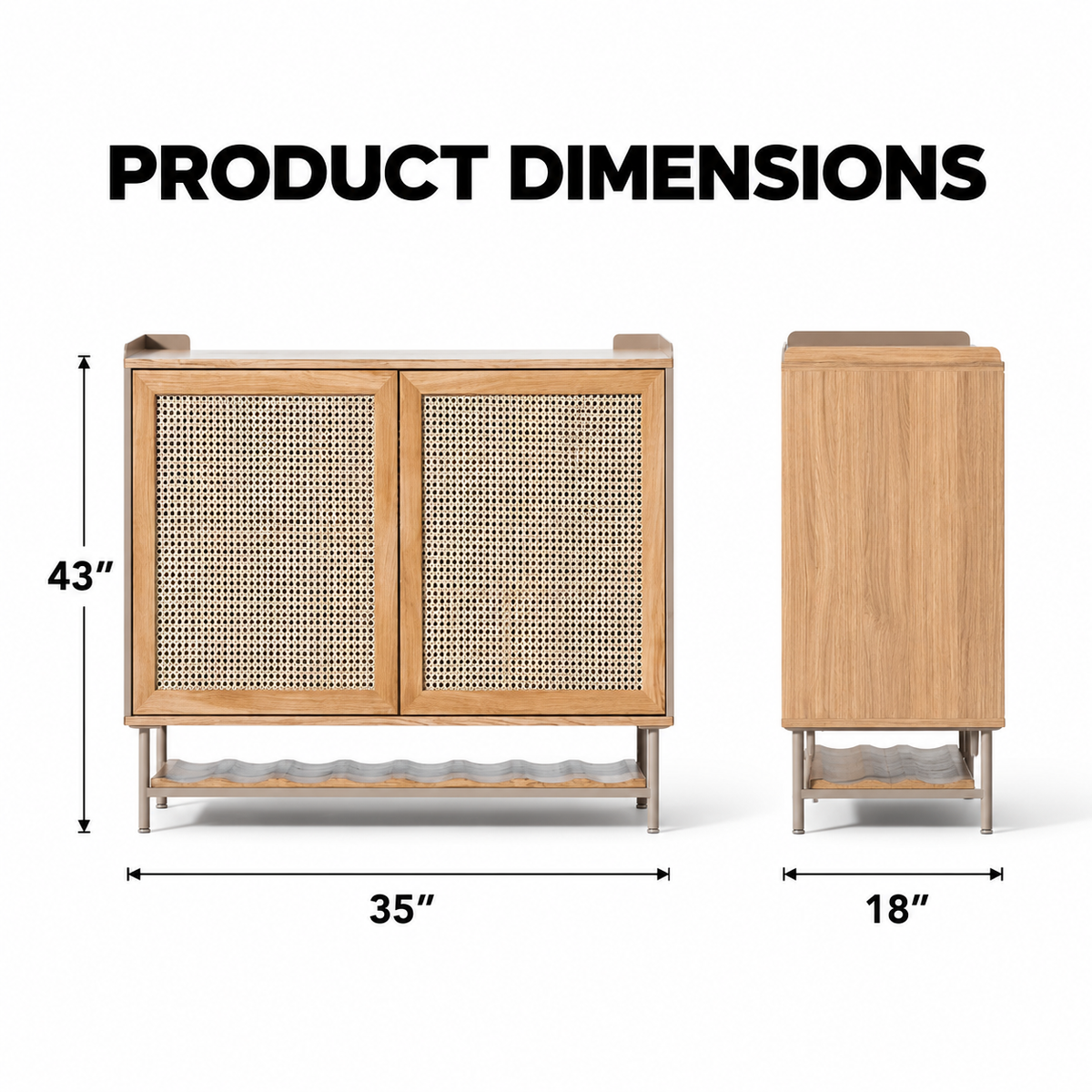 Contemporary Cane Door Storage Cabinet with Open Bottle Rack, Double Door Organizer for Dining Room, Living Room & Home Bar