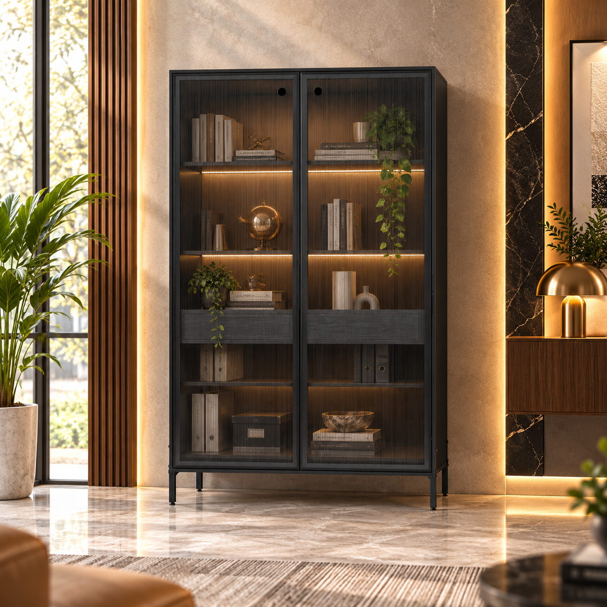 Modern Tall Storage Cabinet with Dual Doors, Multi-Level Shelves & Raised Legs for Office, Living Room, Study & Home Storage