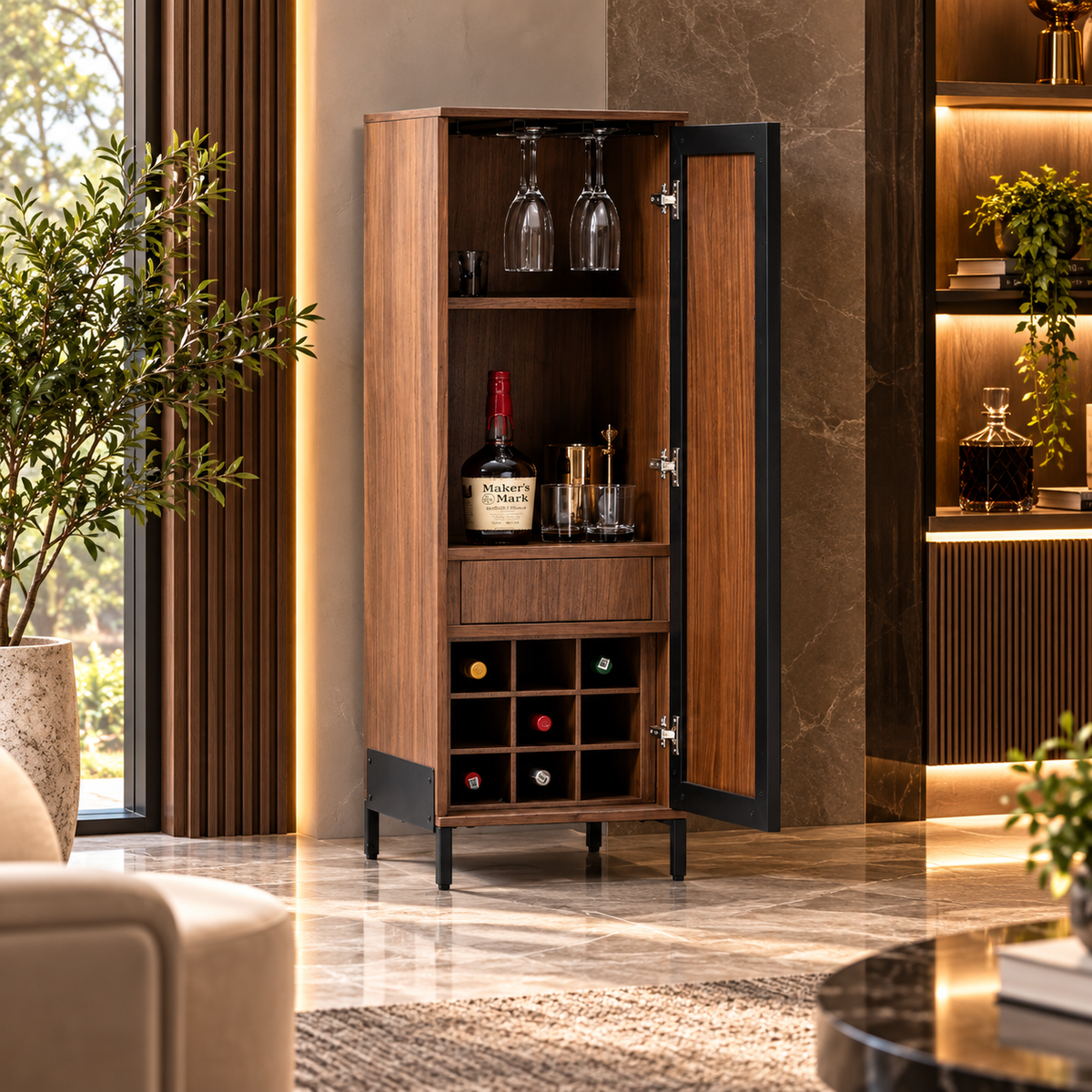 Modern Tall Bar Cabinet with Wine Bottle Rack, Glass Holder, Drawer & Shelves for Home Bar, Dining Room, Lounge & Living Space