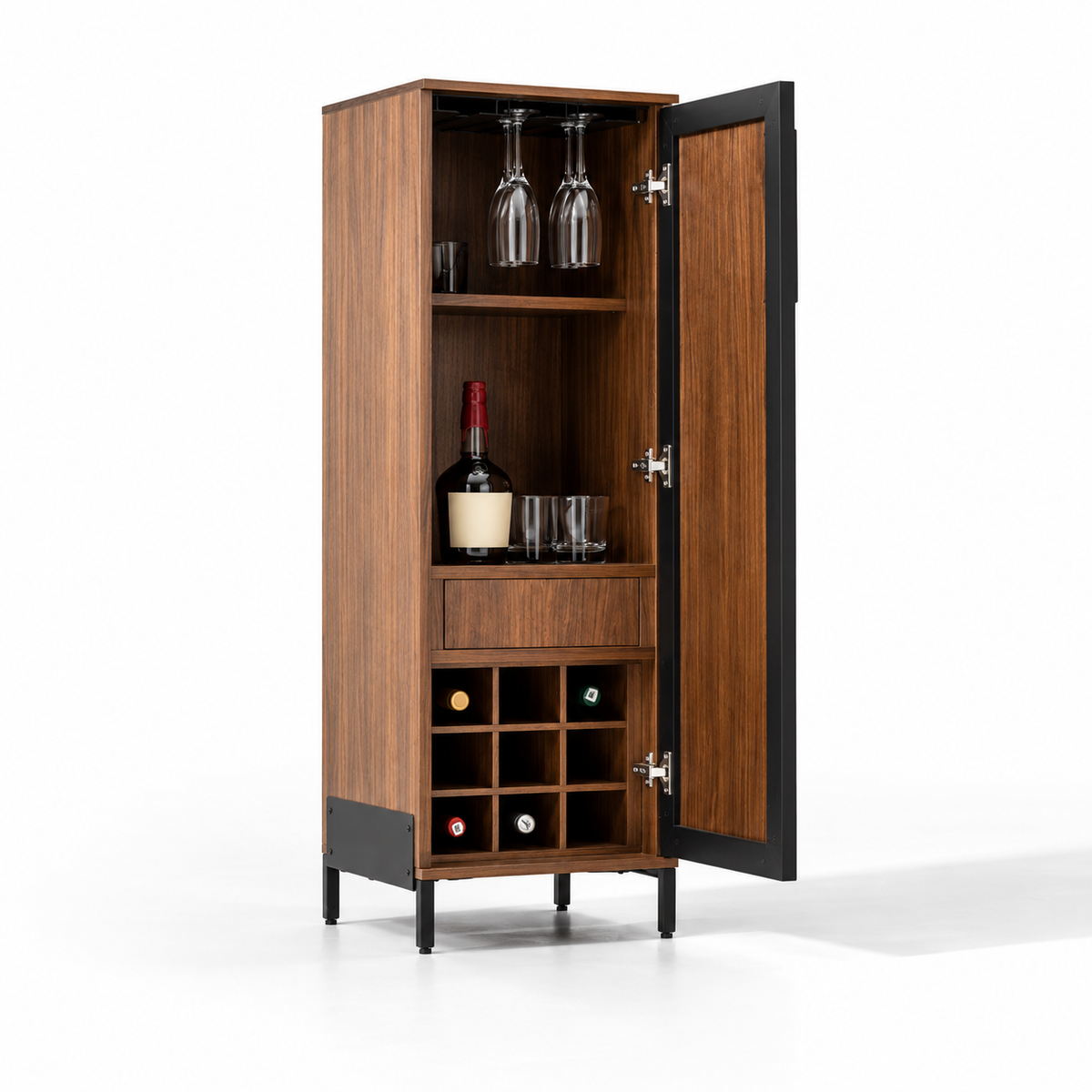 Modern Tall Bar Cabinet with Wine Bottle Rack, Glass Holder, Drawer & Shelves for Home Bar, Dining Room, Lounge & Living Space