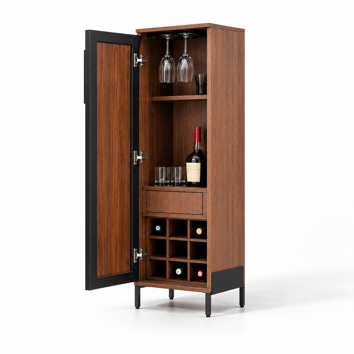 Modern Tall Bar Cabinet with Wine Bottle Rack, Glass Holder, Drawer & Shelves for Home Bar, Dining Room, Lounge & Living Space