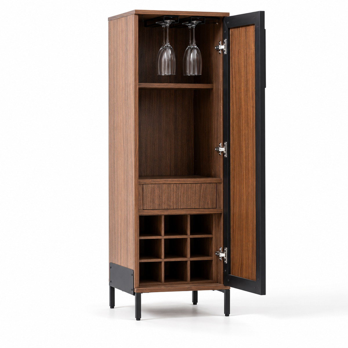Modern Tall Bar Cabinet with Wine Bottle Rack, Glass Holder, Drawer & Shelves for Home Bar, Dining Room, Lounge & Living Space