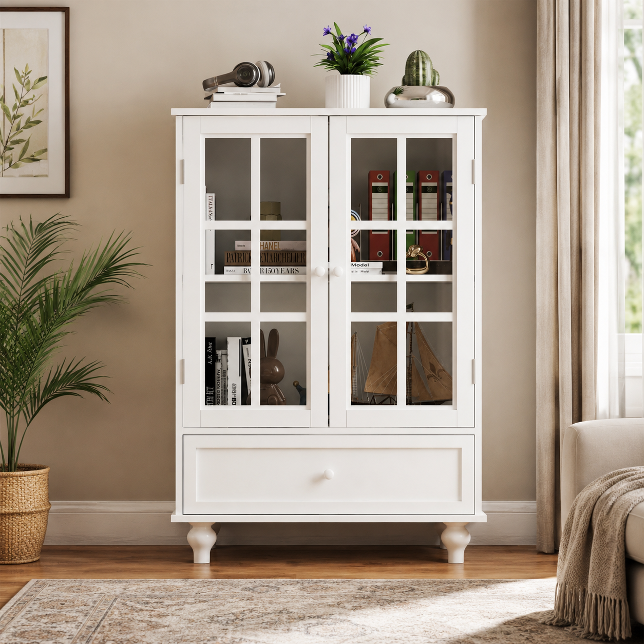 Modern White Glass Door Display Cabinet with Storage Drawer, Bookshelf Organizer, Living Room Showcase and Home Office Storage Unit
