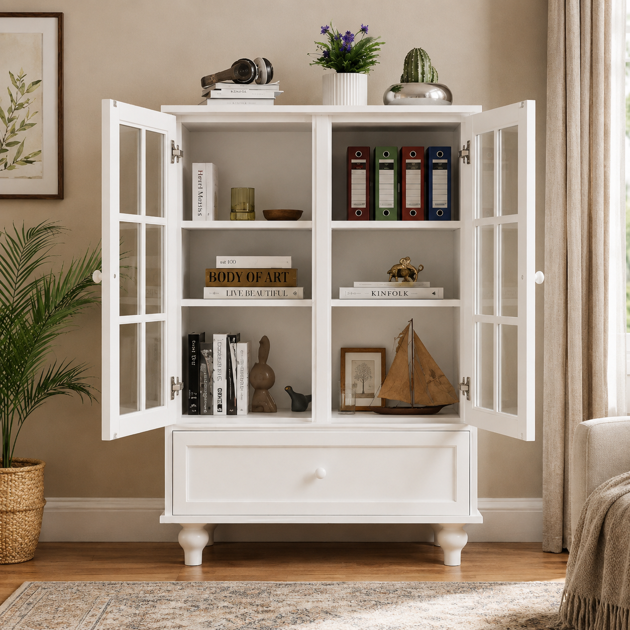 Modern White Glass Door Display Cabinet with Storage Drawer, Bookshelf Organizer, Living Room Showcase and Home Office Storage Unit