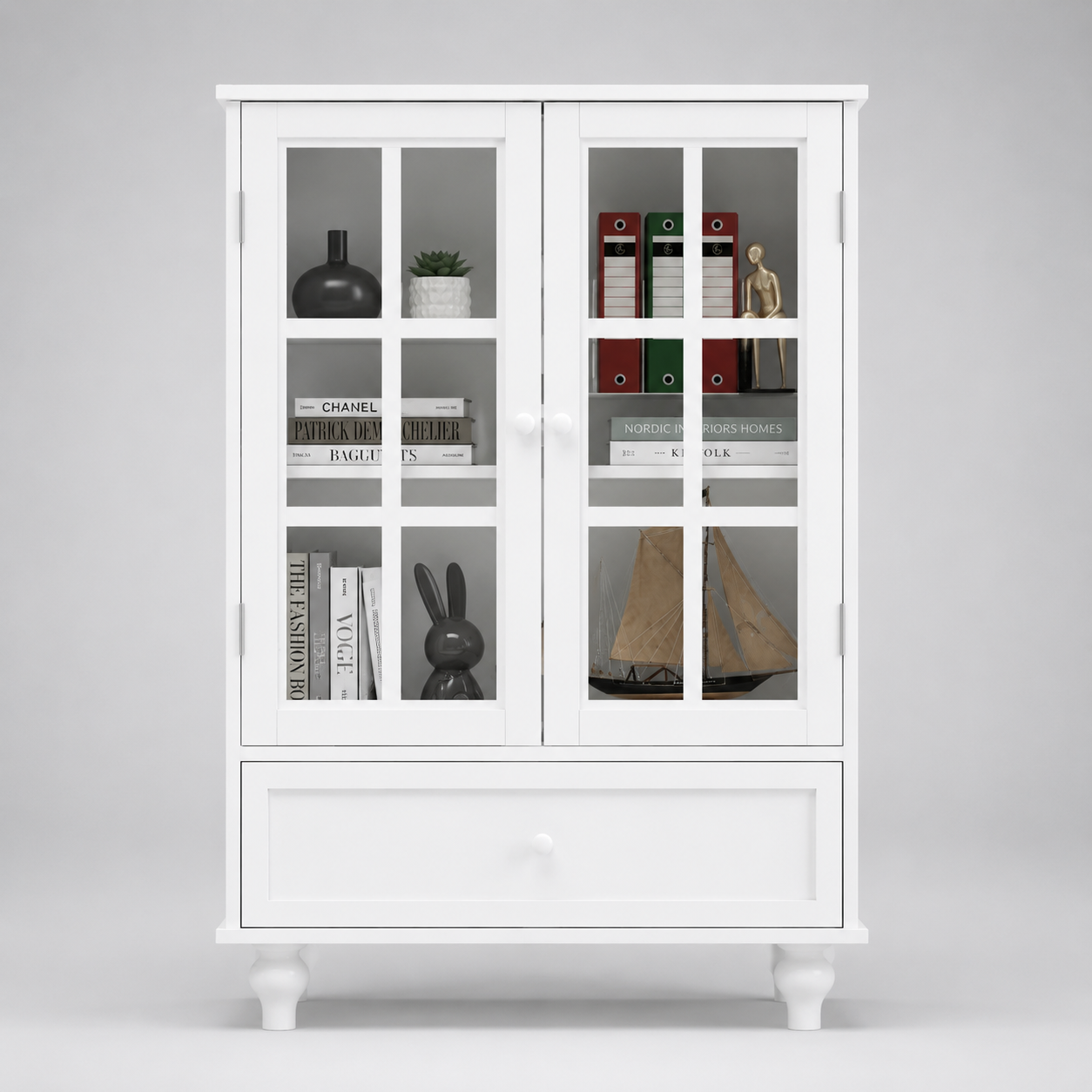 Modern White Glass Door Display Cabinet with Storage Drawer, Bookshelf Organizer, Living Room Showcase and Home Office Storage Unit